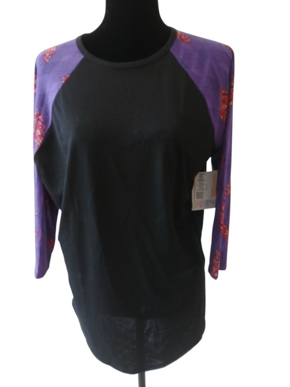 LuLaRoe RANDY Black & Purple 3/4 sleeve Round Neck Womens Size L  #010